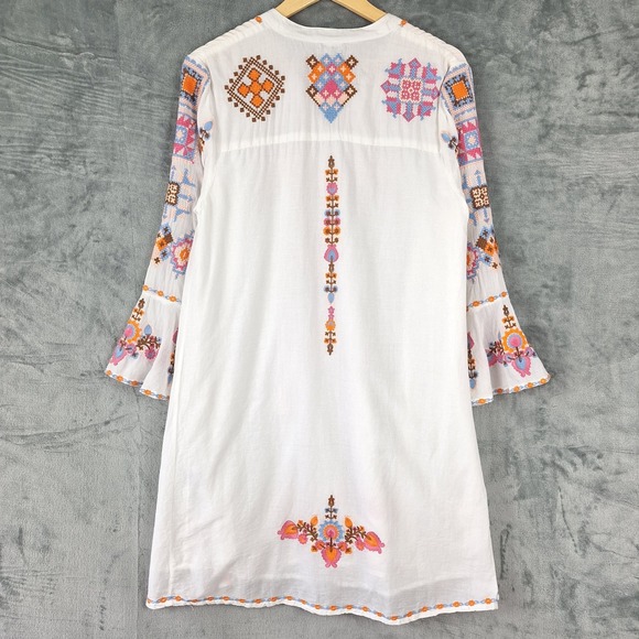 Womens Dress Medium White Boho Peasant Retro Embroidered Floral Tassels Festival - Picture 8 of 9